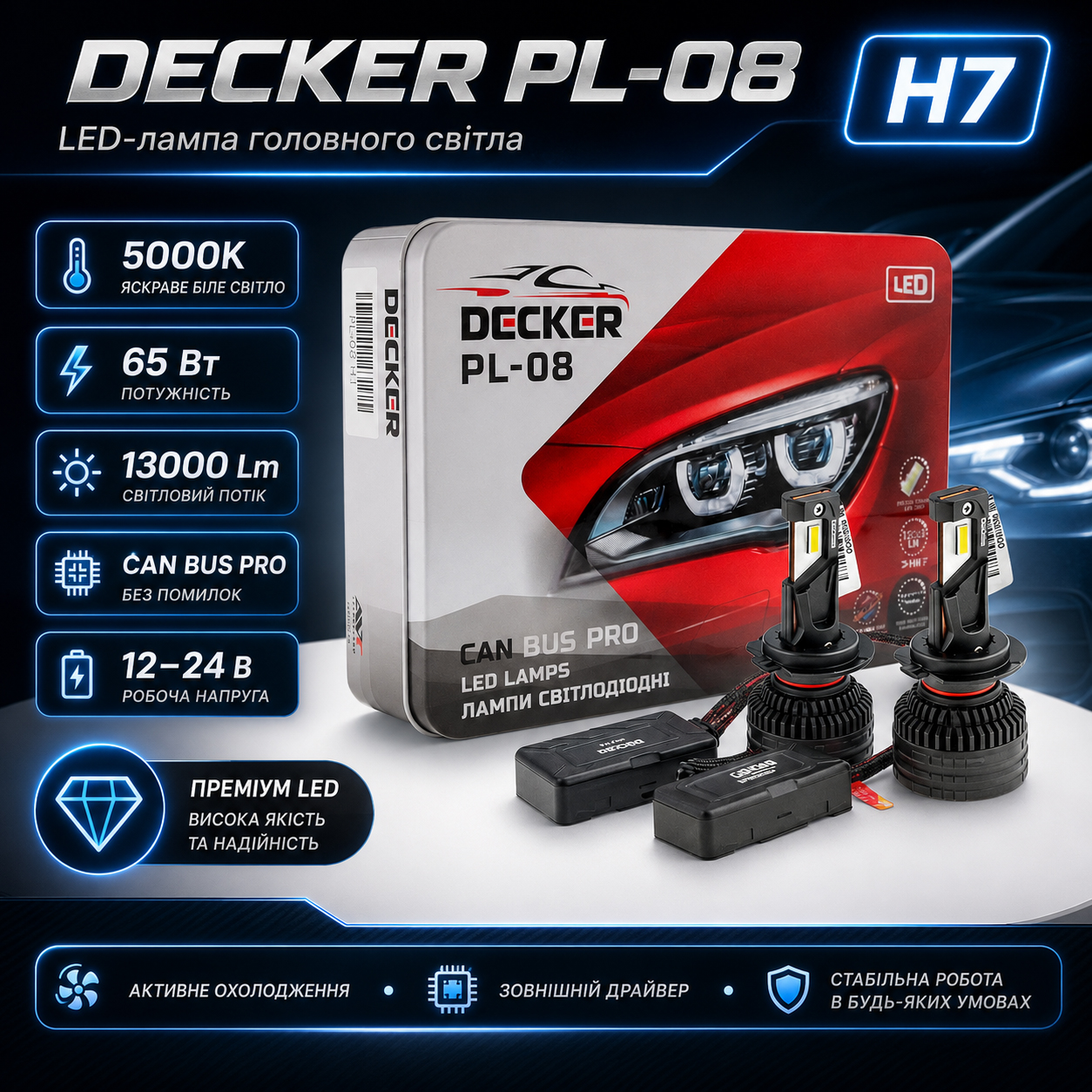 LED-лампи DECKER PL-08 H7 5000K 65W 13000Lm CAN BUS PRO