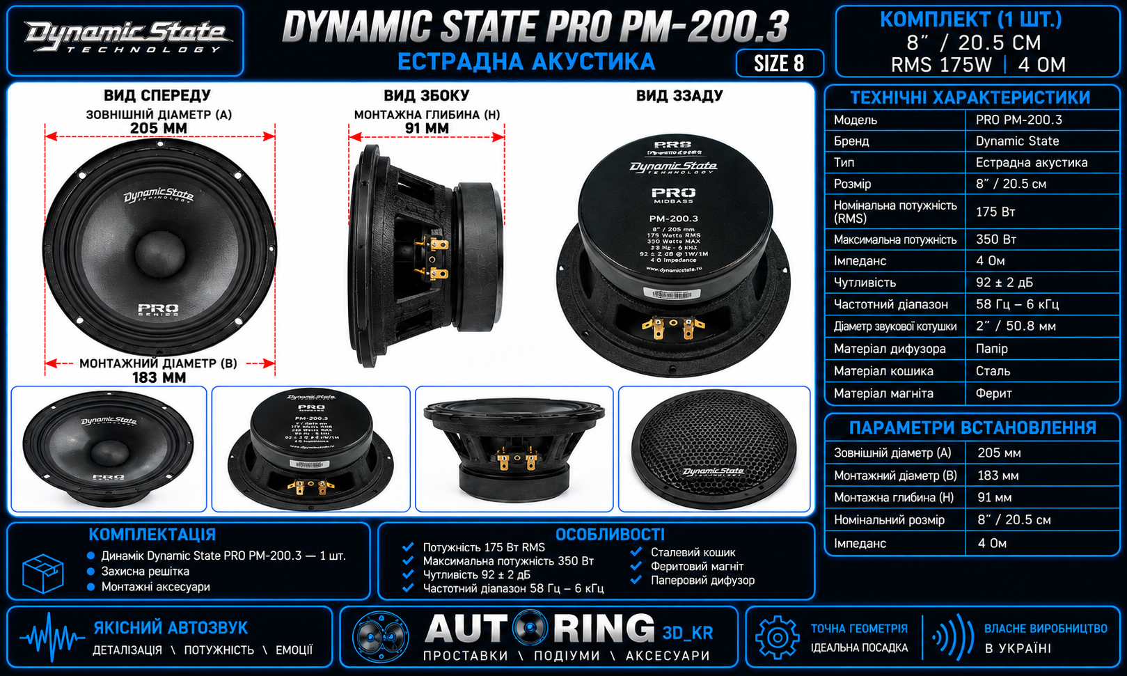 Мідбас Dynamic State PRO PM-200.3 розміри та характеристики